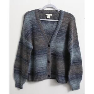 Christian Siriano Blue Marled V-neck Button Up Cardigan Sweater, Large